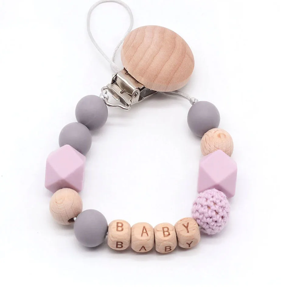 Silicone and Wood Pacifier Clip Wooden Bead Dummy Clip Holder Cute Pacifier Clips Soother Chains baby Teething Toy Baby Chew