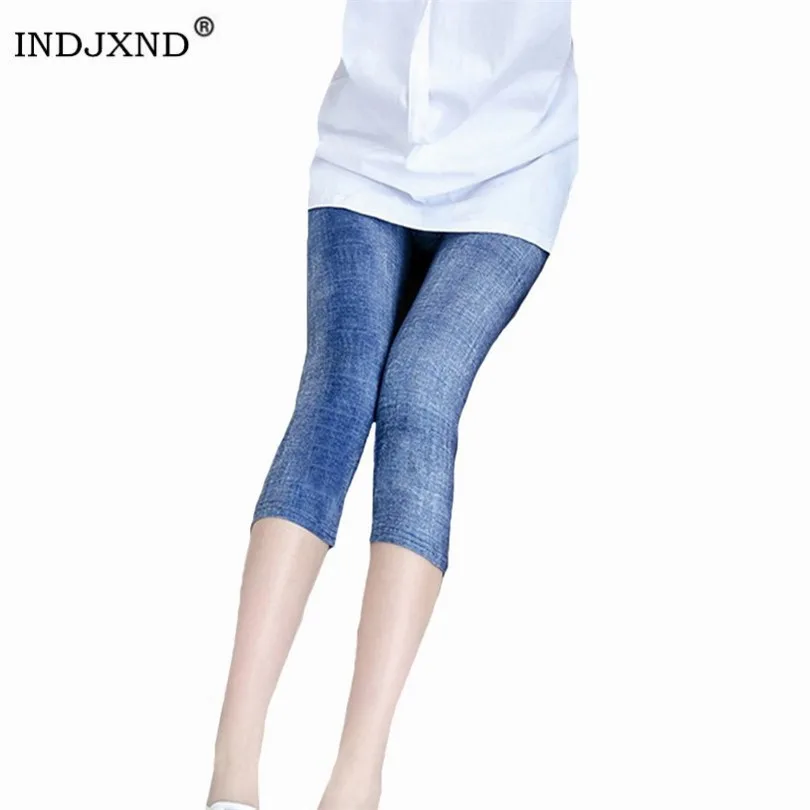 INDJXND Short Jeans Leggings for Women High Waist Elastic Denim Capri Pants Imitation Cowboy Slim Fitness Denim Blue Leggins INDJXND Short Jeans Leggings for Women High Waist Elastic Denim Capri Pants Imitation Cowboy Slim Fitness Denim Blue Leggins