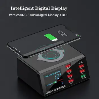 

100W PD QC 3.0 Quick Charger 8 Ports Smart USB Digital Display Charging Dock Station Qi Wireless Fast Charger for iPhone Samsung