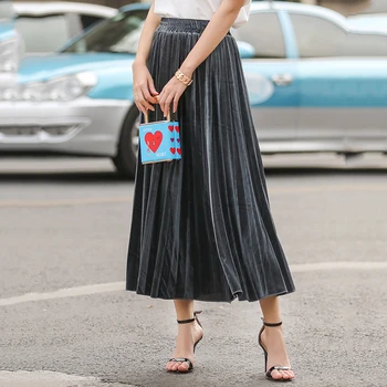 

Women Fashion High Waist Pleated Mid-calf Lengt Skirt Solid Color Summer Ladies Clothing Casual Stretchy Midi Skirts CDR1410