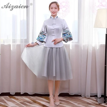 

Chinese Traditional Dress Cheongsam Blue Bridesmaid Gown Qi Pao Women Oriental Style Yarn Dresses Qipao Promotion Short Skirt