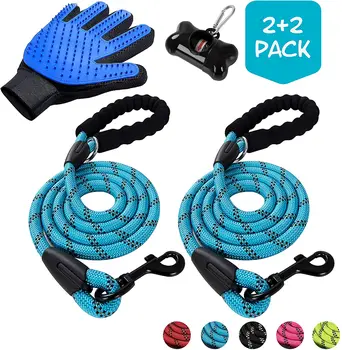 

2 Pack Dog Leashes,5FT Heavy Duty Pet Leash with Padded Handle and Reflective Threads for Dogs-Bag Dispenser and Grooming Glove