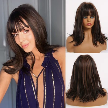 

EASIHAIR Dark Brown Straight Synthetic Wigs with Bangs for Women Medium Length Bob Wig Heat Resistant Wig High Temperature Fiber
