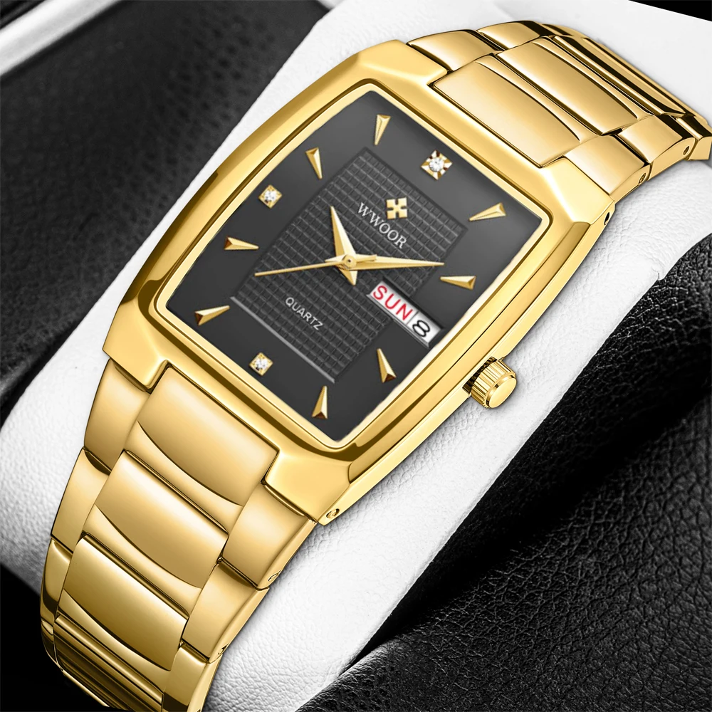 PROD 1005002657170925 2021 Square Men Watches WWOOR Luxury Automatic
Week Date Gold Stainless Steel Waterproof Quartz Wristwatch Men Relogio
Masculino