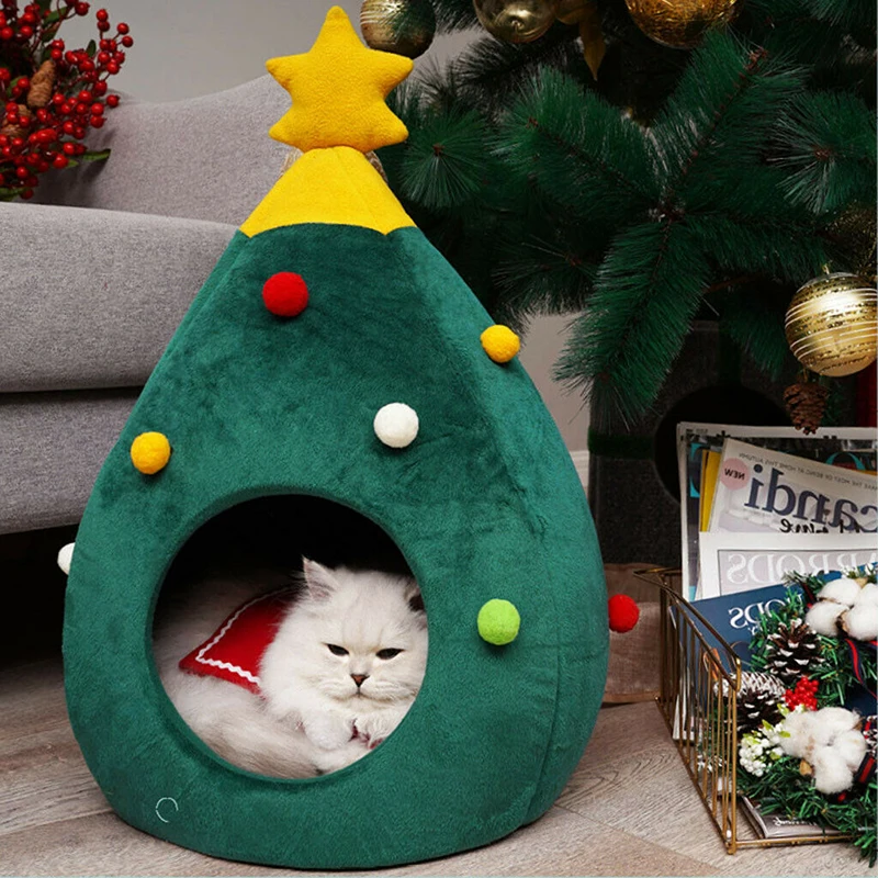 Рождественская собака кошка кровать Дом теплая спальная кровать Рождественская елка форма зимняя теплая кровать щенок пещера кошка собака палатка-пещера домашнее животное кошка подарок