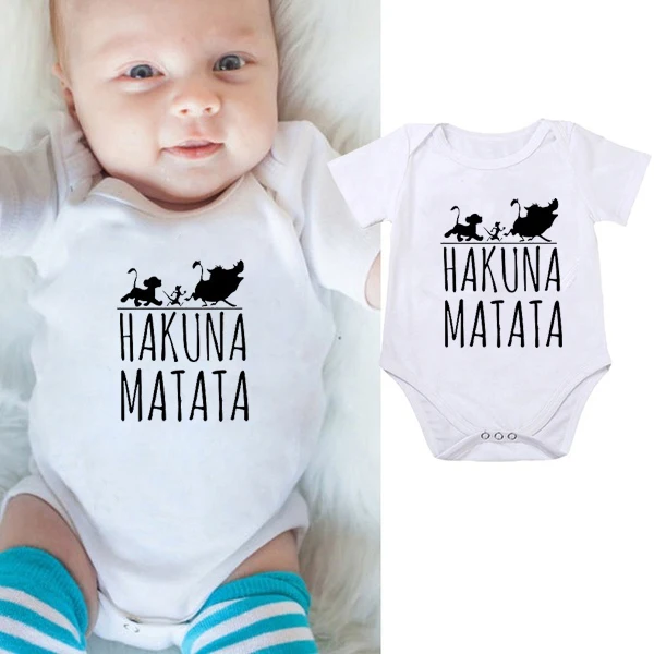 

DERMSPE Infant Newborn Baby Boy Girl Cartoon HAKUNA MATATA Short Sleeve Romper Clothes Outfit Baby Clothing White Clothes