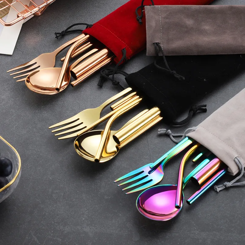 Portable Travel Dinnerware Set Stainless Steel Spoon Fork Straw Set w/Pouch 