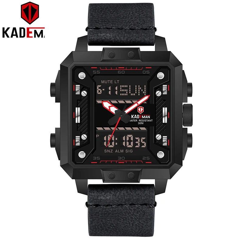 K6153-B-RE-B Новые роскошные квадратные часы, мужские спортивные водонепроницаемые военные наручные часы, Топ бренд, KADEMAN, двойной ход, мужские повседневные кожаные часы - Цвет: K6153-B-RE-B