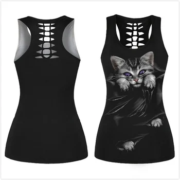 

Fashion Hollow Out Sleeveless Tank Top Summer Punk Solid Color Women Tee Shirt Casual Halloween Cat Print Tank Tops