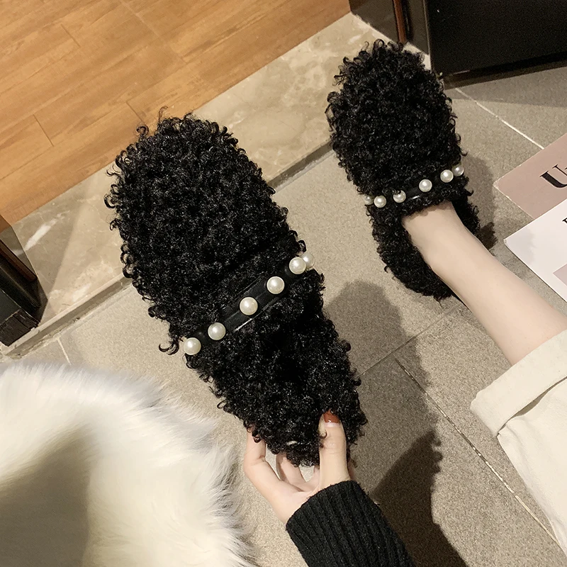 

String Bead Band Lambswool Moccasins Loafers Ballerina Cotton Shoes for Women Espadrilles Mary Janes Pearl Woolen Fur Flats 2020