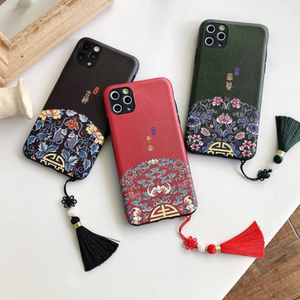 

Tassel Retro Pattern Phone Case For Apple iPhone 11 Pro XS Max XR X 7 8 6 s 6s Plus Vintage Chinese Style Red Black Green Cover