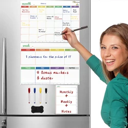 Tableau blanc magnétique pour le réfrigérateur, pour planificateur quotidien, hebdomadaire et mensuel, tableau marqueur avec calendrier magnétique effaçable à sec 