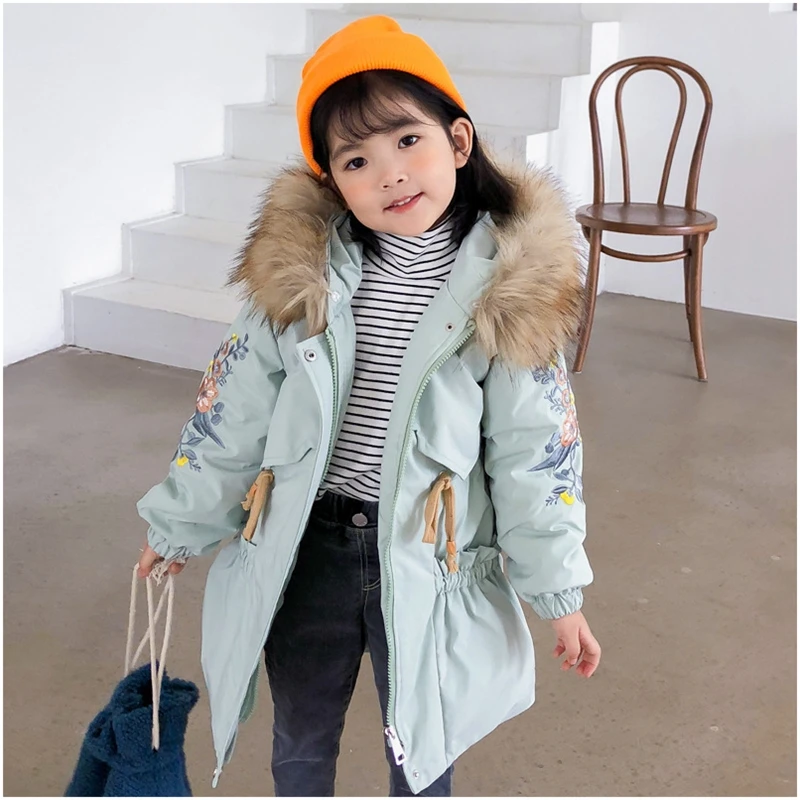 

2020 Winter Warm 4 6 8 10 12 Years Long Thicken Outerwear Coat Fur Hooded Embroidery Duck Down Parkas Jacket For Kids Baby Girls