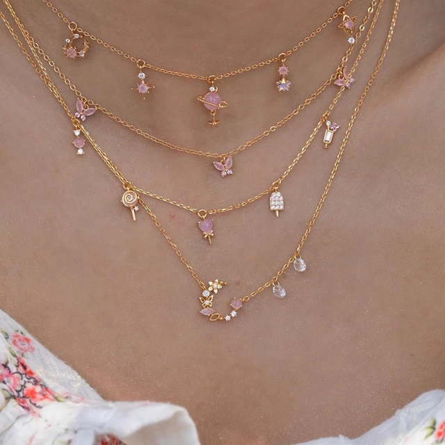 Cute Rose Gold Necklace - Moon Charm Necklace - Layered Necklace