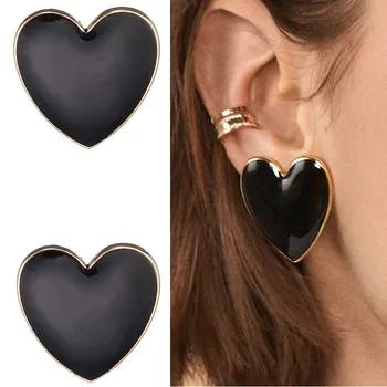 

Big Enamel Heart Stud Earrings For Women Black Oil Gold Street Trendy Jewelry Statement Love Stud Earring Gifts For Girlfriends