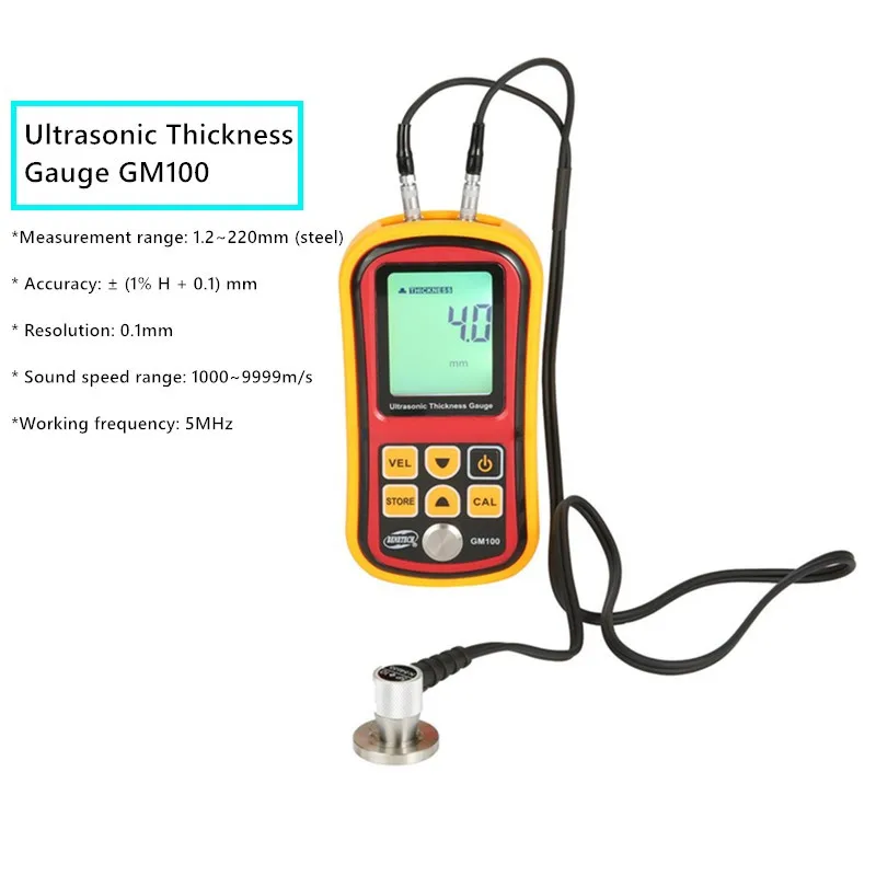 GM100 1.2-220mm Digital Ultrasonic Thickness Meter Sound Gauge 1000-9999m/s 