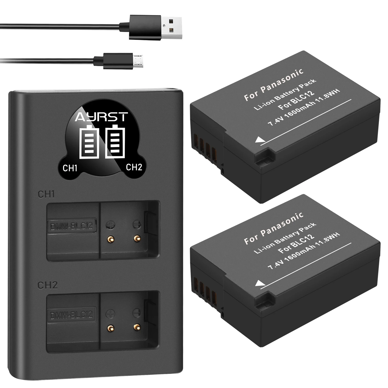 

2x DMW-BLC12 BLC12 DMW-BLC12E DMW-BLC12PP Battery + LED Dual Charger for Panasonic Lumix DMC-G85,FZ200,FZ1000,G5,G6,G7,GH2,GX8