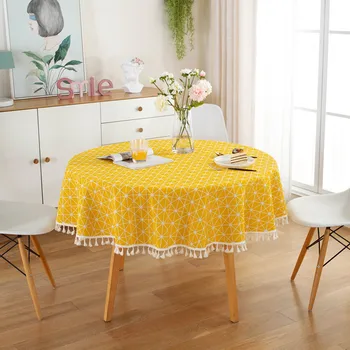 

Christmas Holidays Fabric Table Cloths For Parties Events Cotton Linen Tassel Round Tablecloth Decoration Скатерть
