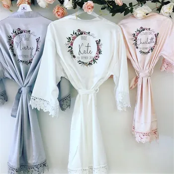 

lace satin floral wreath bridal robe custom flower girl silk kimono robes hen weekend initial dressing gown sisier of groom gift