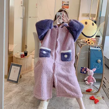 

Lady Bathrobe Cartoon Cute Casual Daily Flannel Pajamas For Women Coral Fleece Pijamas Nightwear Lounge Sleepwear халат женский