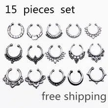 15 шт./партия, кристальная кликер, поддельная перегородка для женщин, зажим для тела, обруч, винтажный, многоцветный, поддельное кольцо для носа, искусственный пирсинг, ювелирные изделия для тела