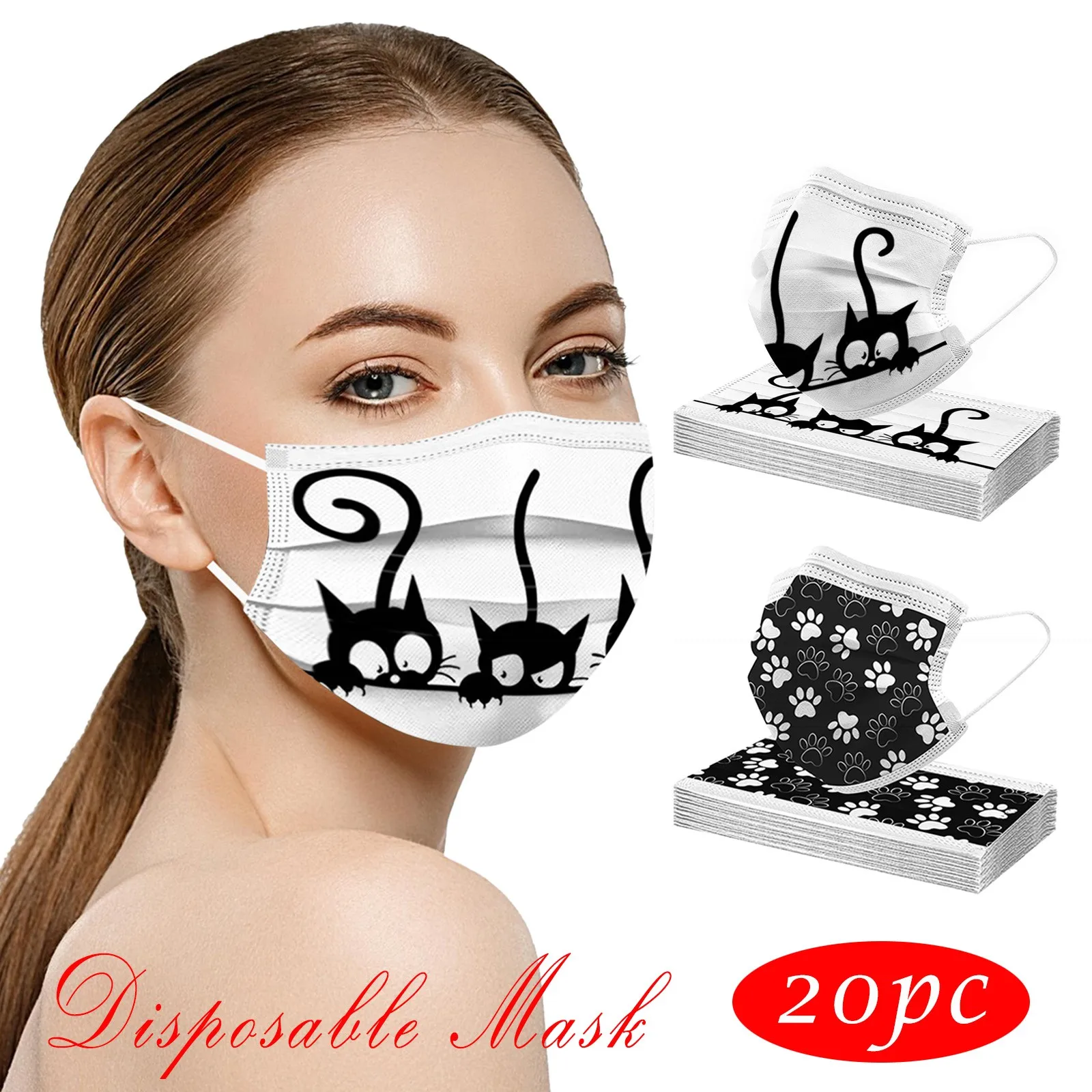 

Fast Delivery Within 24 Hours MÃ¡scara 20PCS Adults Multi Funny Cat Prints Breathable 3 -Layer Disposable Mask Bandage