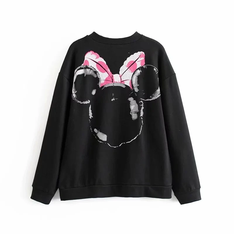 Withered winter sweatshirt hoodies women high street vintage cartoon printing o-neck cute oversize loose sweatshirt pullovers - Цвет: Черный
