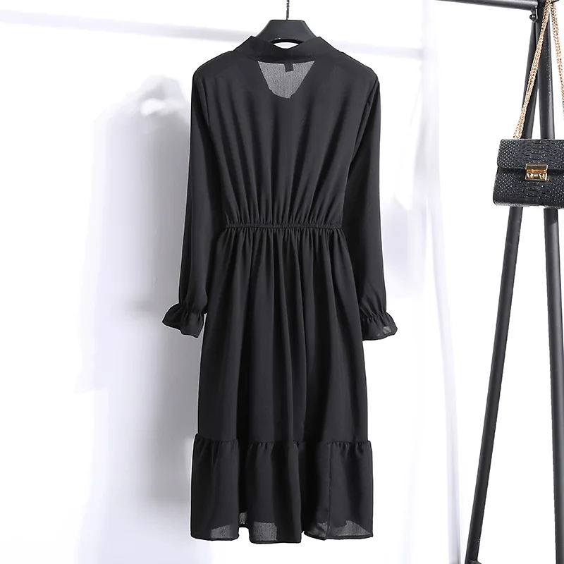 Корейская черная рубашка Vestidos для офиса в горошек, винтажные осенние платья, Женское зимнее платье, миди платье с цветочным рисунком и длинным рукавом для женщин