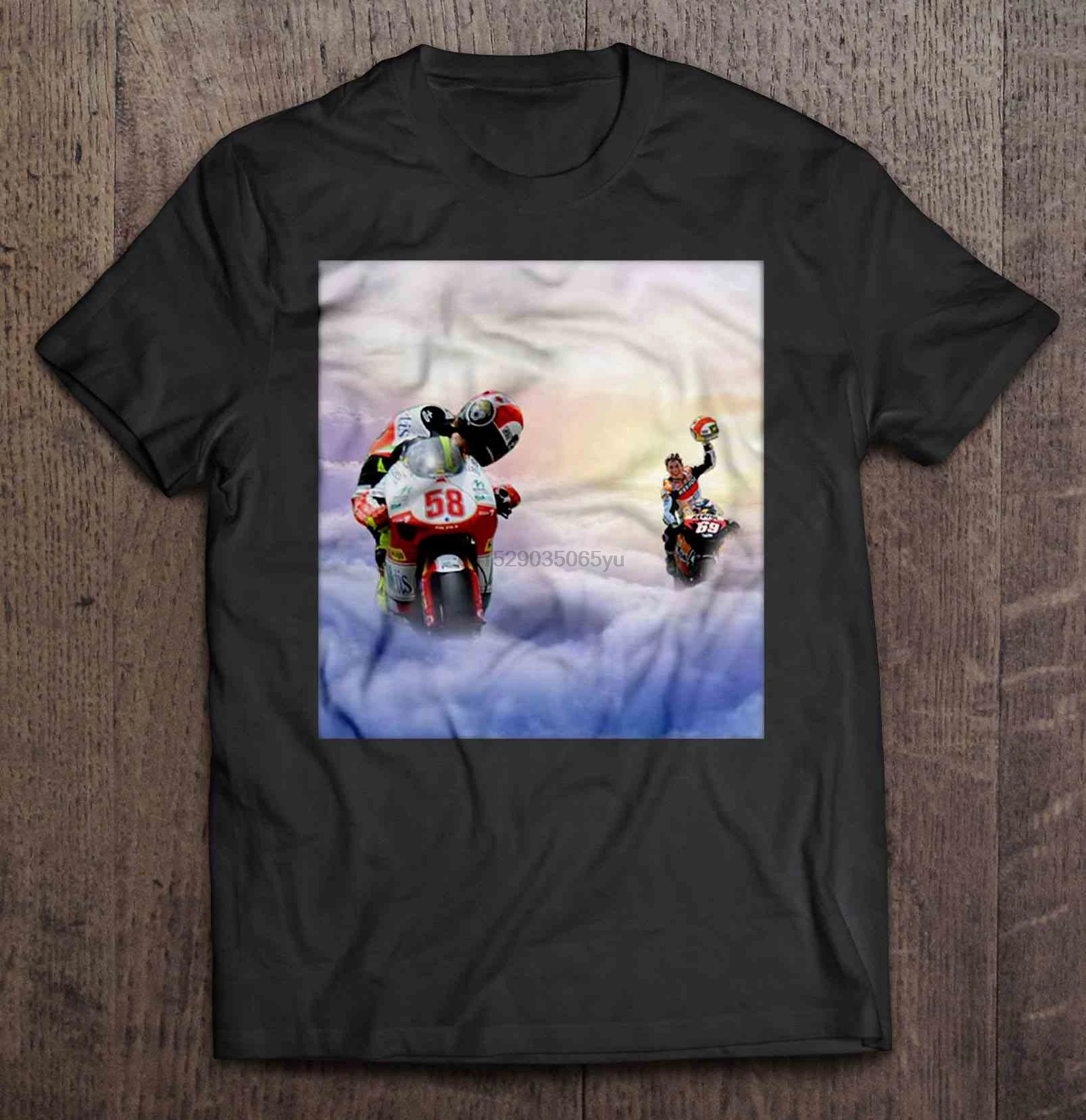

Men T Shirt Nicky Hayden and Marco Simoncelli Burning Rubber In Heaven Women t-shirt