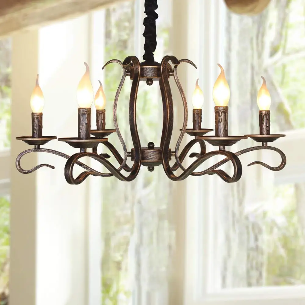 Rustic Candle Iron Chandelier 6-Lights Farmhouse Vintage Bronze Pendant Chandelier Lighting for Dining Room Living Room