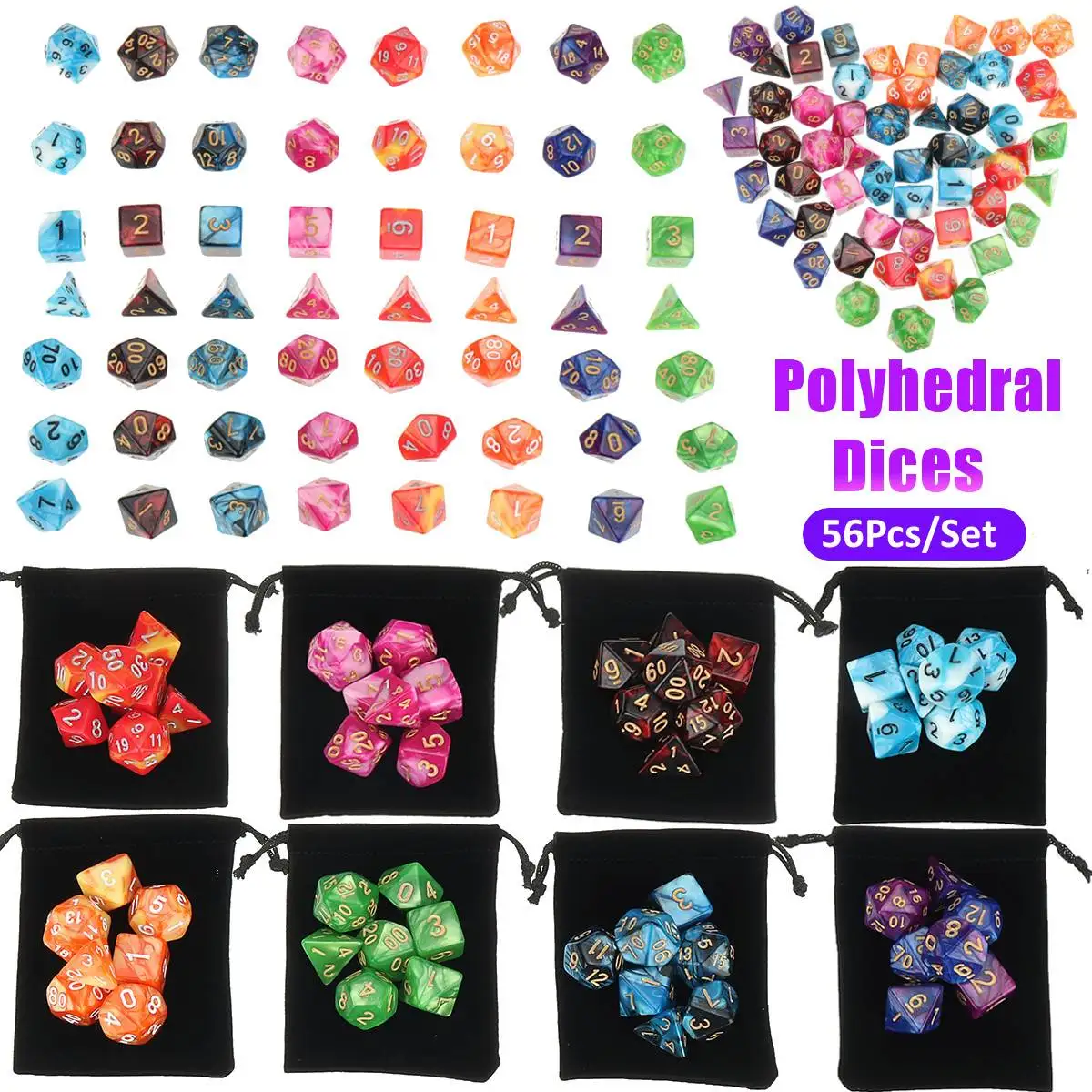 

56Pcs/Set Polyhedral Dices With Black Pouch Bags For Games D20 D12 D10 D8 D6 D4