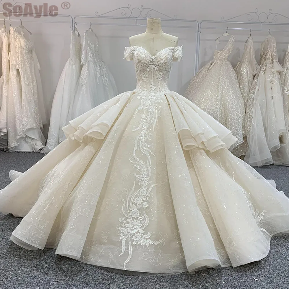 

SoAyle #CY1715 Off the Shoulder Champagne Puffy Bridal Gown Plus Size Lace Saudi Arabia Wedding Dresses Vestido De Novia SoAyle