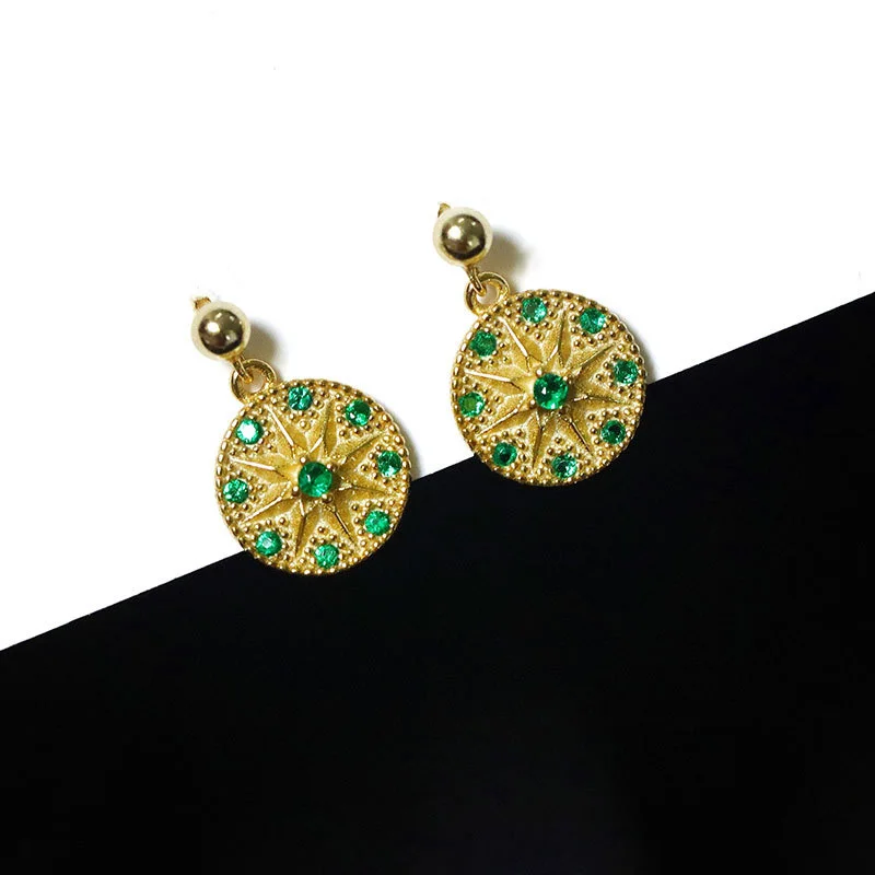 

Sterling 925 Silver Round Anise Star Emerald Stud Earrings Elegant Luxurious Palace Geometric Women's Earrings Ear Jewelry Chic
