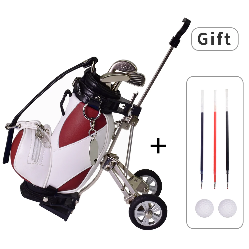 Red with Trolley Уникальный держатель для ручки для гольфа с тележкой, декоративный органайзер для стола, кожаные подарки для гольфа для мужчин - Цвет: Red with Trolley