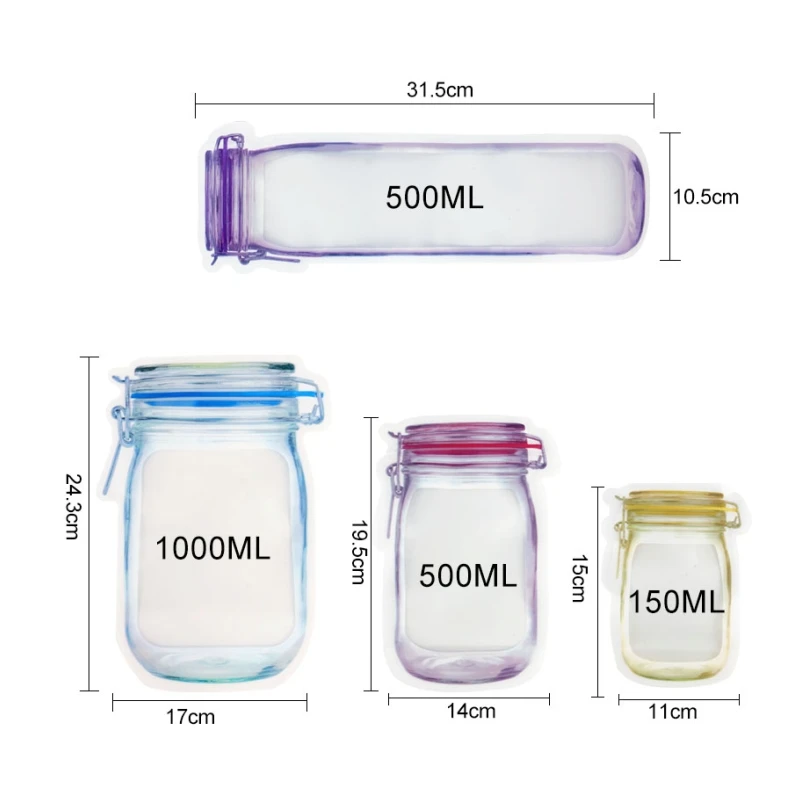 Reusable Mason Jar Design Ziplock Food Storage Bags for Snacks and Kitchen Organization
