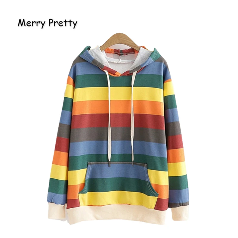 Merry Pretty Хлопковые женские радужные полосатые толстовки с капюшоном Зимние толстовки с длинным рукавом и карманами на завязках спортивные костюмы