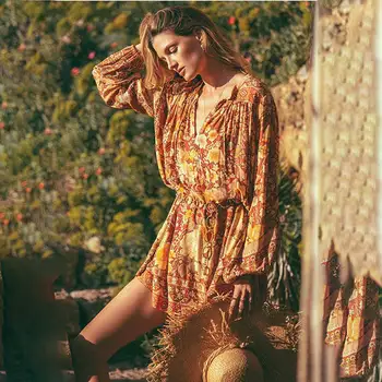 

ARXIPA Cover Up Beach Woman Boho Print Sarongs Mini Dress Lantern Sleeve Loose Pareo Tunics Coverups Bathrobe A-line 2020 NEW