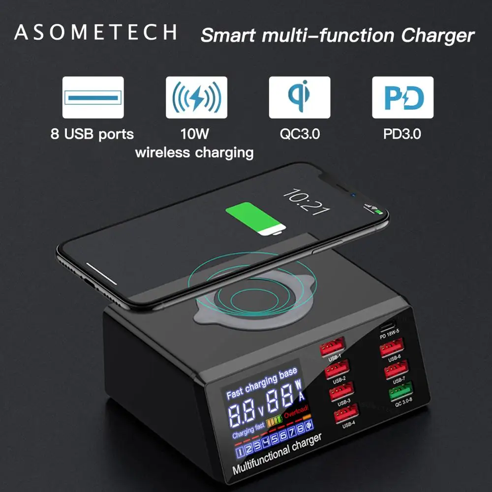 8 USB Ports Phone Charger PD QC 3.0 USB Fast Charging Station Wireless Charging Smart Charge Adapter Charger for iPhone Samsung