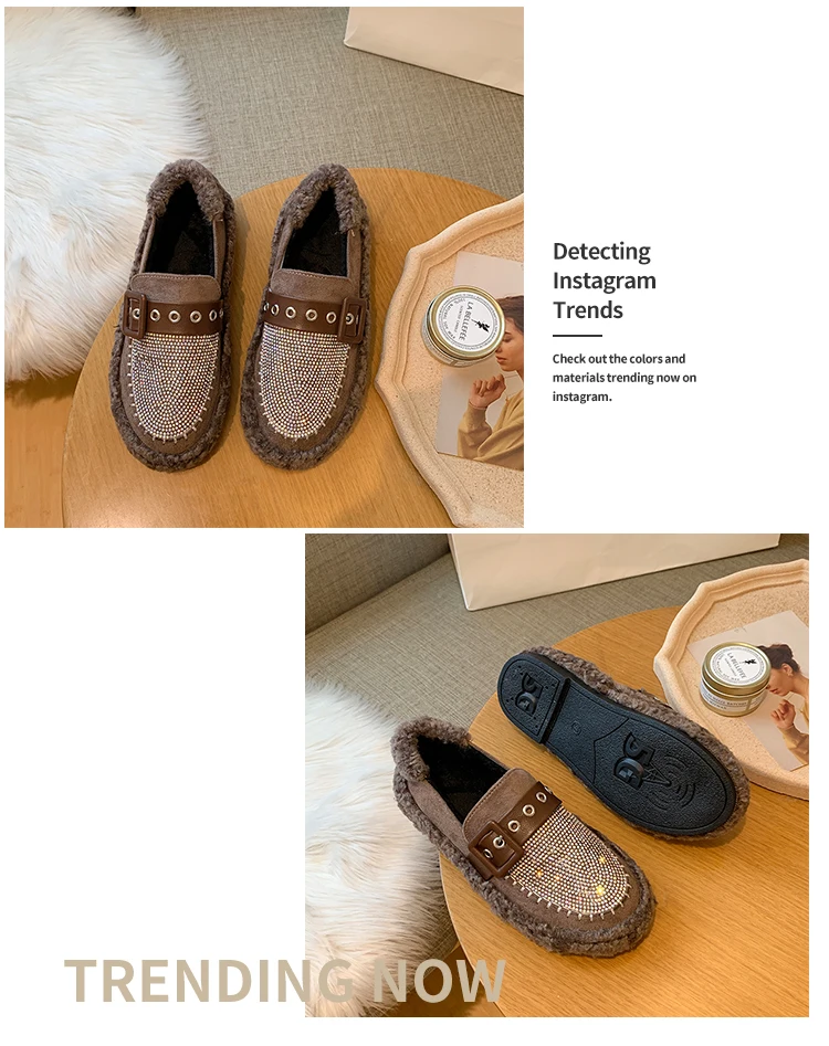 Korean Shoes Women All-Match Casual Female Sneakers Women's Moccasins Round Toe Autumn Loafers Fur Flats Crystal New Fall