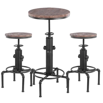 

iKayaa Pinewood Top Round Pub Bar Table Height Adjustable Swivel Counter Bistro Table Industrial Pipe Style Kitchen Dining Table