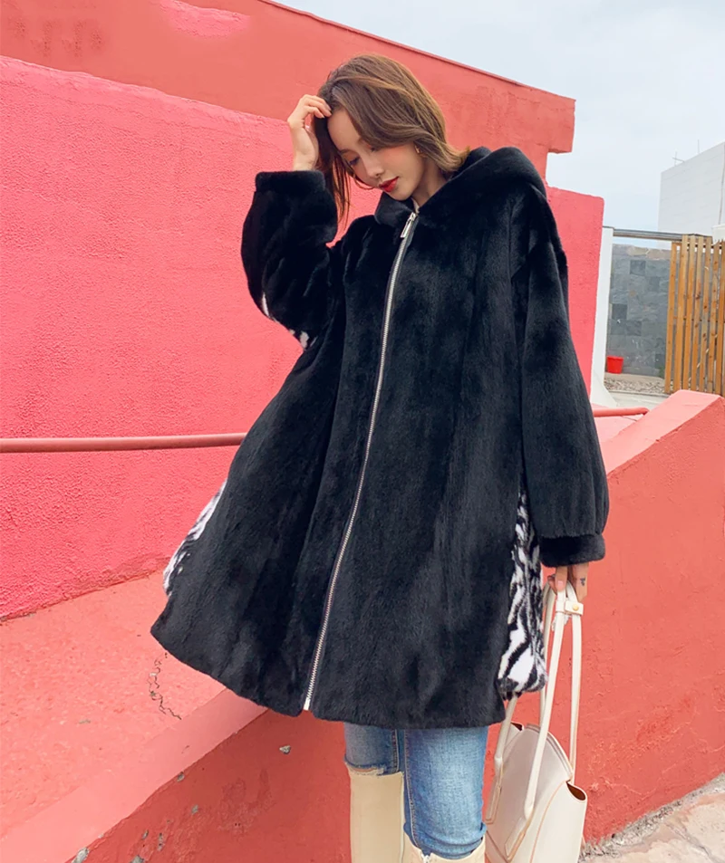 Ftangaiur Winter Import Velvet Mink Coat Embroidered With Fur Hood Loss Natural Fur Coat Women's Medium Real Mink Fur Coats