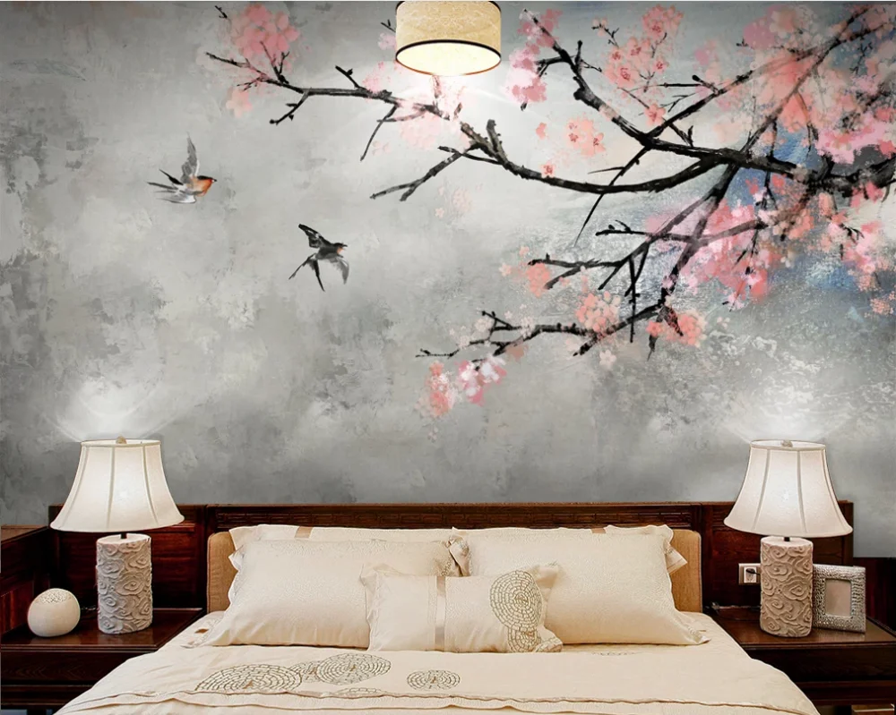 Custom high-end wallpaper-cherry blossom background wall new Chinese style hand-painted flowers and birds background wall