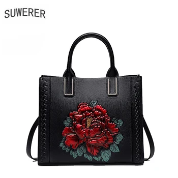 

SUWERER Women Genuine Leather handbags real cowhide bag fashion Dimensional flowers women bags luxury handbags women bags