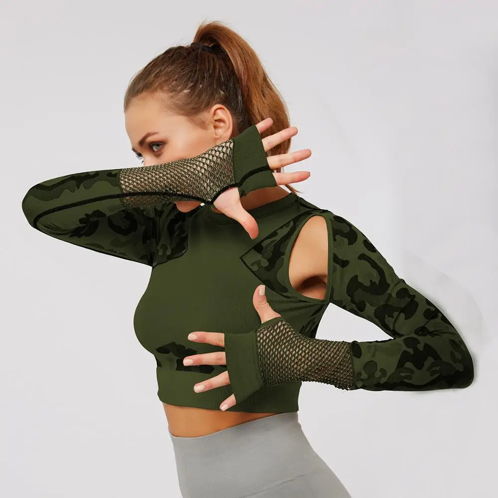 NCLAGEN Sexy Hollow Out Camouflage Yogaings T Shirt Women Patchwork Quick Dry Nylon Cropped Tops Activewear Camo Tee Shirts