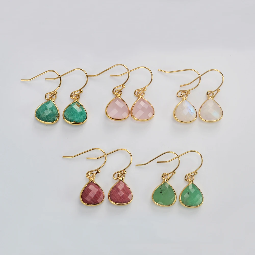 

5Pairs Gold Plated Natural Stone Dangle Earrings Moonstone Pink Quartz Faceted Earring Healing Crystal Earrings for Women G2058