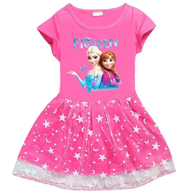 

Summer Girls Cotton Frozen Dress Anna Elsa Net Yarn Short-sleeved Princess Pink Purple Star Cartoon Moon 3D Print Net Yarn Dress