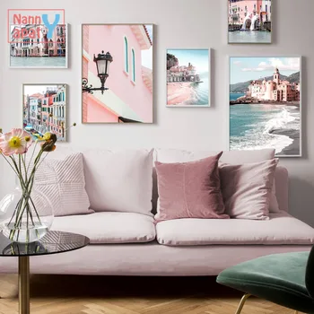 

Home Decor Wall Art Canvas Painting Nordic Poster Pink Building Beach Landscape Posters and Prints Wall Pictures for Living Room