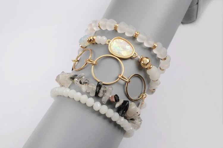 BOROSA 5Sets(5Pcs/set Bracelets) Multi-kind Jades Gems Manmade Opal Crystal Glass Faceted Bead Bracelet Sets Jewelry WX1187