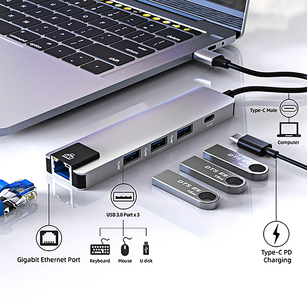 Концентратор USB 5 в 1 Heat-5in1 концентратор USB Type C 4K Hdmi USB C гигабитный Ethernet RJ45 LAN адаптер