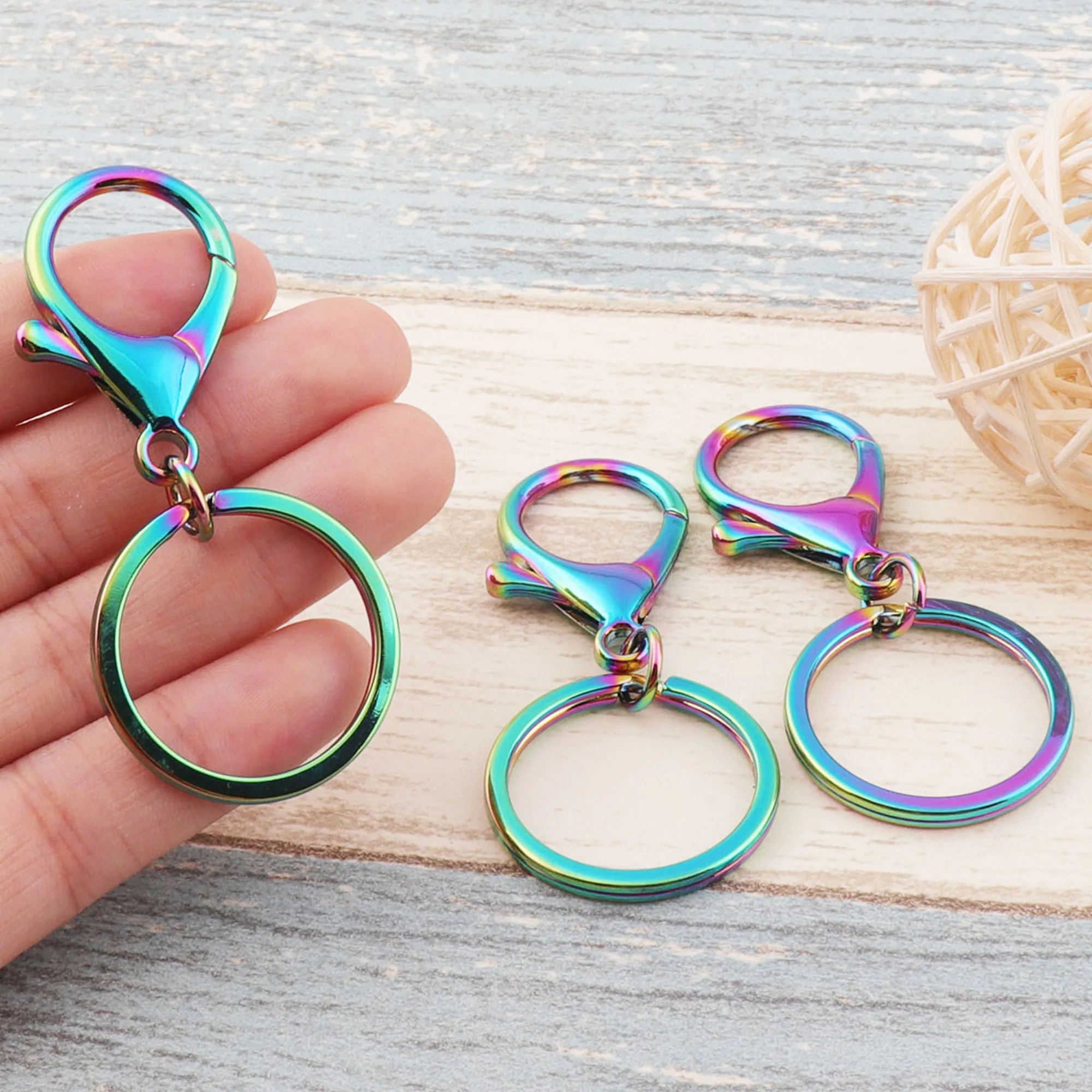 

5 pcs Rainbow Key Chain O-Rings Personalized Multicolored Parrot Hook Snap Metal Charm Push Clasp KeyChains-65mm